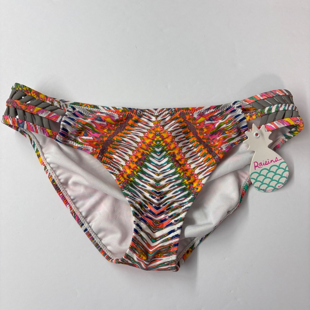 NWT Raisins Womens Bikini Bottoms M Multi-Color Strappy Chevron Print W711551